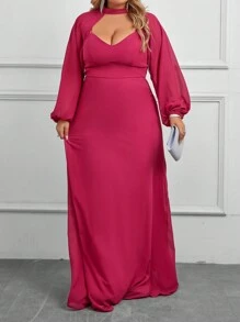 SHEIN Belle 大碼伴娘連衣裙,可拆卸兩件式和長袖設計 - 玫紅色 - 查看 6