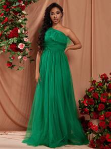 單肩荷葉邊網紗正式洋裝 - 綠色 - 查看 1