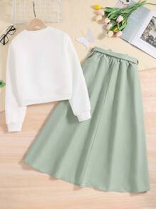 Teen Girl Figure Graphic Pullover & Belted Skirt