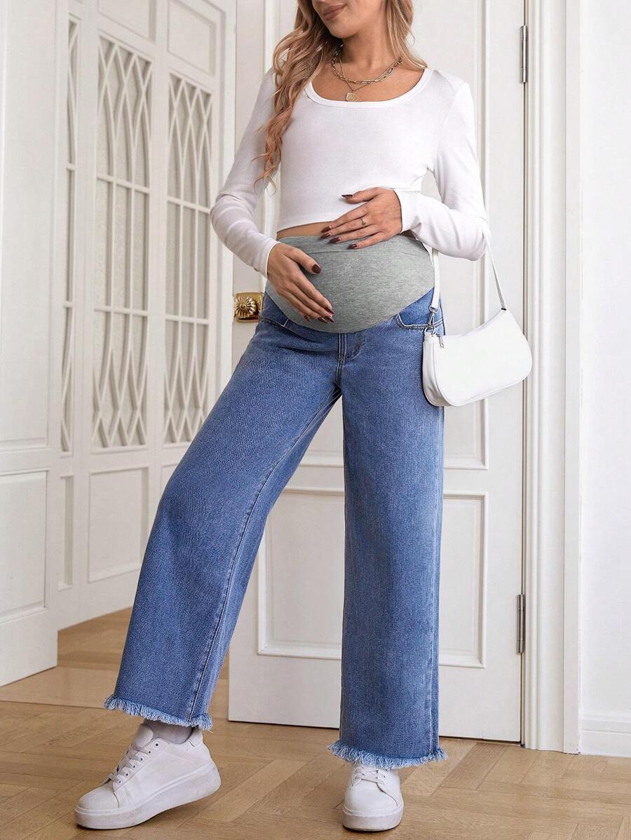 SHEIN Maternity Wide Leg Raw Hem Jeans - Light Wash - View 1