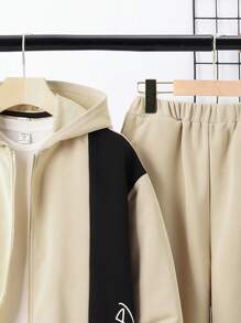SHEIN Tween Boys Casual Color Block Cardigan Hoodie & Pants Matching With Round Neck Tee & Knitwear T-Shirt 3pcs Set - Khaki - View 3