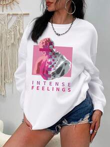 SHEIN EZwear 大碼人物和字母圖案落肩袖運動衫 - 白色 - 查看 4