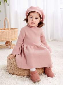 SHEIN Baby Girl Flare Sleeve High Neck Sweater Dress - Pink - View 5