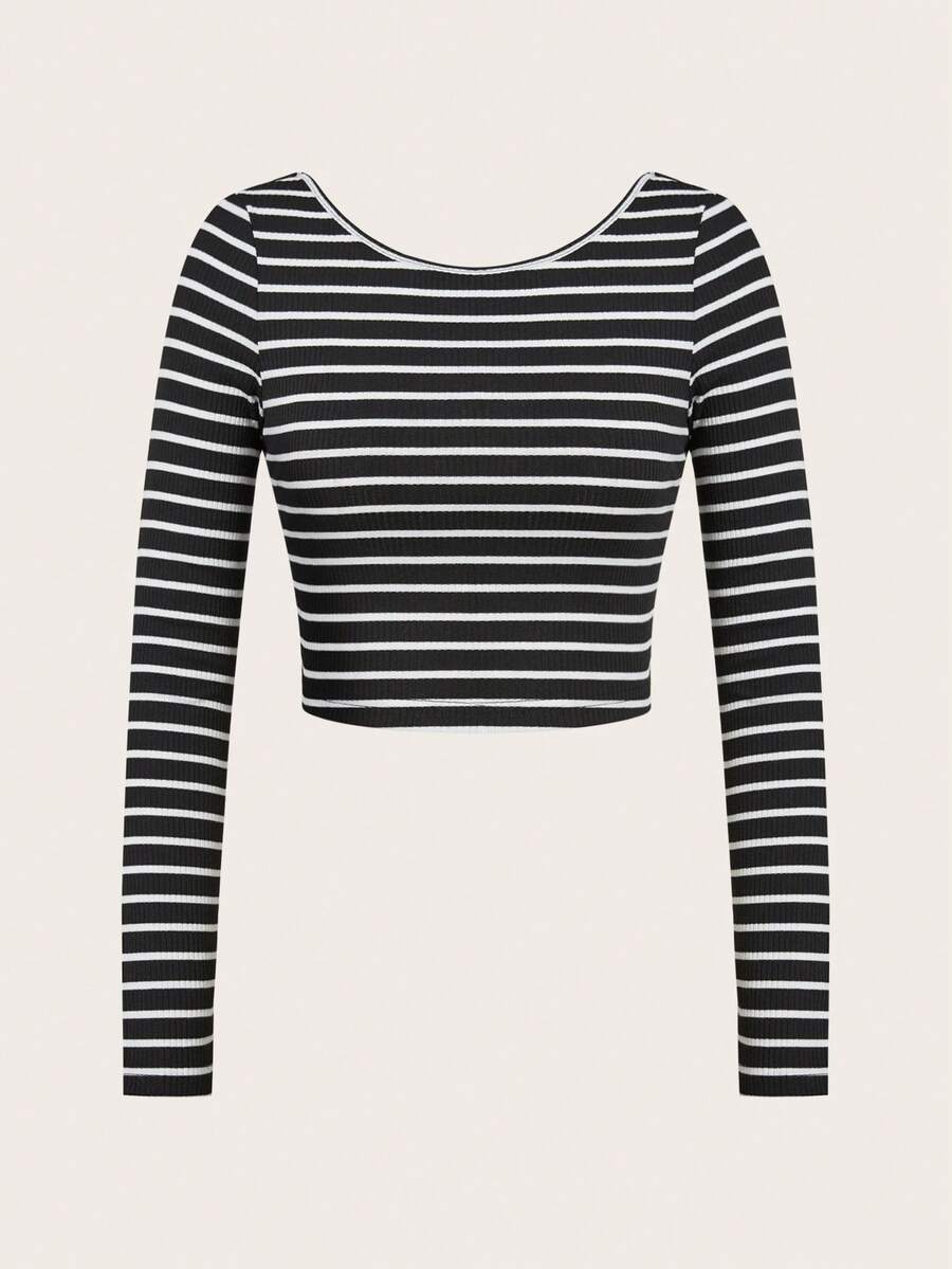 SHEIN EZwear In sọc Áo phông Crop - màu đen - Xem 1