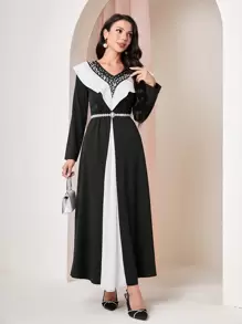 Modelyn Vestido de color combinado ribete con fruncido sin cinturón