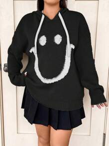 Flirla Loose Fit Cartoon Face Jacquard Sweater In Plus Size Knit Pullover Fall Winter Sweater - Black - View 1