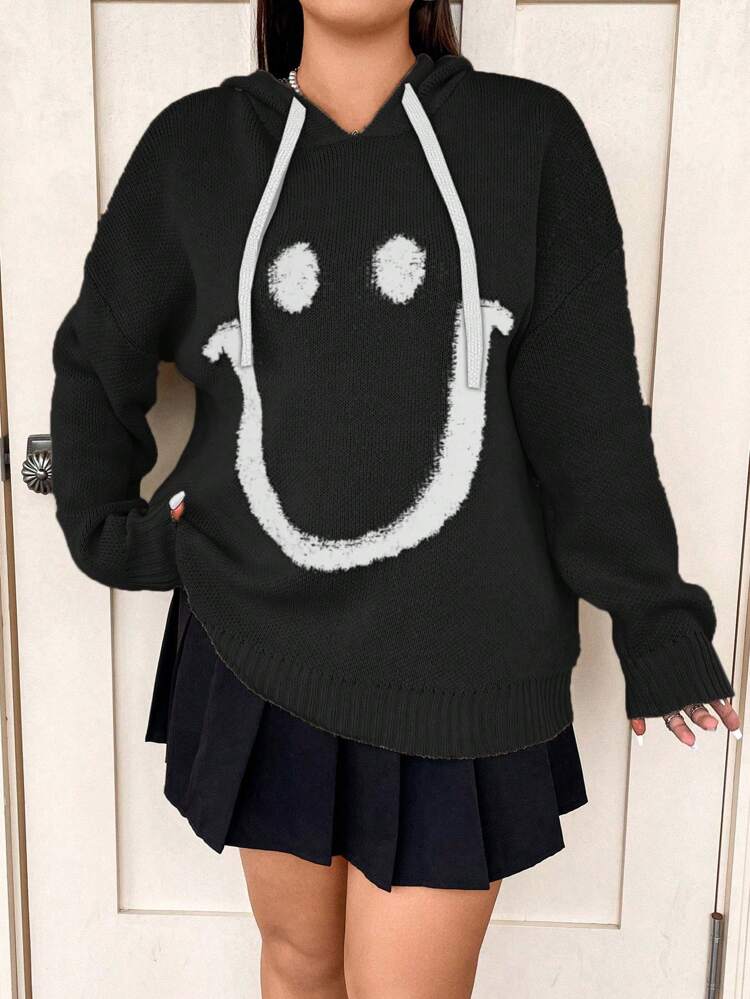 Loose Fit Cartoon Face Jacquard Sweater In Plus Size Knit Pullover Fall Winter Sweater