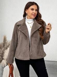 SHEIN LUNE Plus Lapel Neck Slant Pockets Fuzzy Coat In Fall/Winter - Grey - View 4