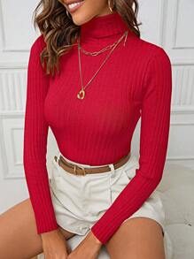 INAWLY Solid Turtleneck Ribbed Knit Sweater,Long Sleeve Tops Knit Pullover Fall Winter Sweater - Red - View 6