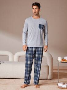 Hombres Conjunto de pijama con estampado de cuadros - Gris Claro - Ver 3