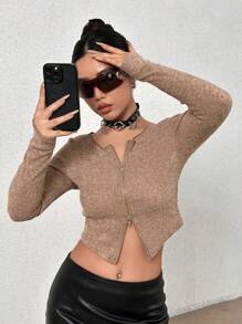 SHEIN Unity Camiseta crop con cremallera - Café integral - Ver 6