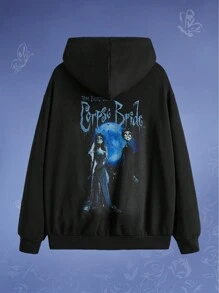 Corpse Bride | ROMWE Letter & Figure Graphic Drop Shoulder Hoodie - Black - View 1