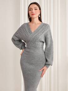 Modelyn 女士蝙蝠袖肋紋毛衣連衣裙 - 灰色 - 查看 6
