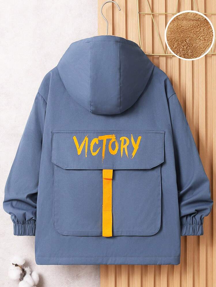 Tween Boy Letter Graphic Flap Detail Plush Lined Hooded Coat