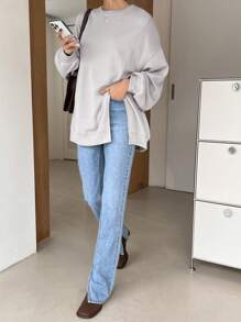 DAZY Drop Shoulder Split Hem Sweatshirt,Long Sleeve Tops,Fall Clothes,Back To School Clothes - Grey - View 6