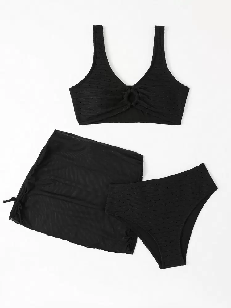 Conjunto de bikini de tres piezas de unicolor con cordón y plisados para adolescente, para verano y playa - Negro - Ver 3