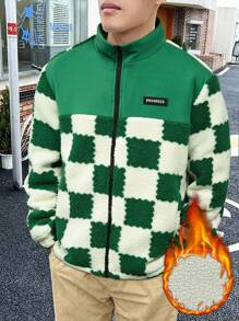 Manfinity EMRG Men's Loose-Fit Checker Printed Zip-Up Jacket With Letter Patchwork