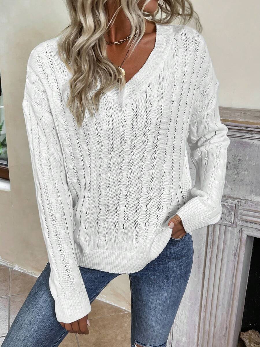 SHEIN Frenchy Jersey De Cuello En V Y Tejido De Punto De Cable - Blanco - Ver 1
