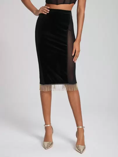 Jhome Apparel 设计师撞色网眼流苏下摆天鹅绒优雅半身裙，适合夏季、假日、派对、节庆