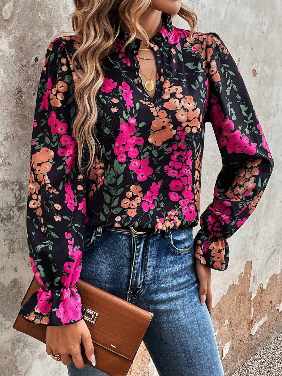 SHEIN VCAY 印花喇叭袖襯衫 - 彩色 - 查看 1