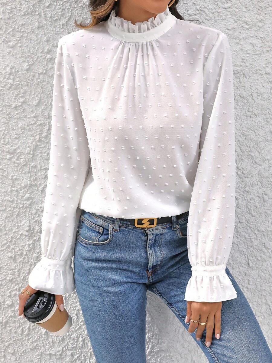 SHEIN Privé Chấm Swiss Lá sen tỉa tay áo lá sen Áo sơ mi - trắng - Xem 1