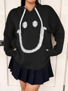 Flirla Loose Fit Cartoon Face Jacquard Sweater In Plus Size Knit Pullover Fall Winter Sweater - Black - View 6