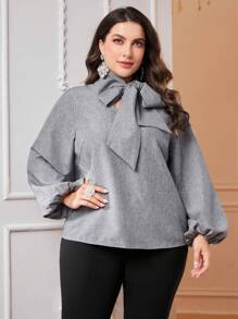 Modelyn Plus Size Blouse With Lantern Sleeves, Front Tie And Button Detail - Apricot - View 5