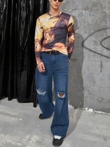 Manfinity Roughcore Loose Men's Ripped Wide Leg Jeans Without Belt - Medium Wash - View 6