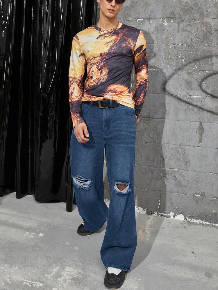 Loose Men's Ripped Wide Leg Jeans Without Belt