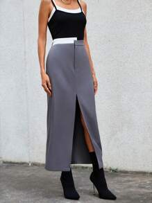 SHEIN Essnce Contrast Panel Waist Split Thigh Skirt - Grey - View 4