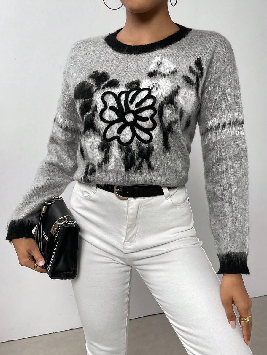 SHEIN Essnce 花卉圖案落肩袖拼接邊套頭毛衣 - 灰色 - 查看 1