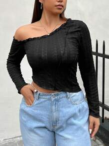 SHEIN EZwear Plus Asymmetrical Neck Lettuce Trim Tee - Black - View 1