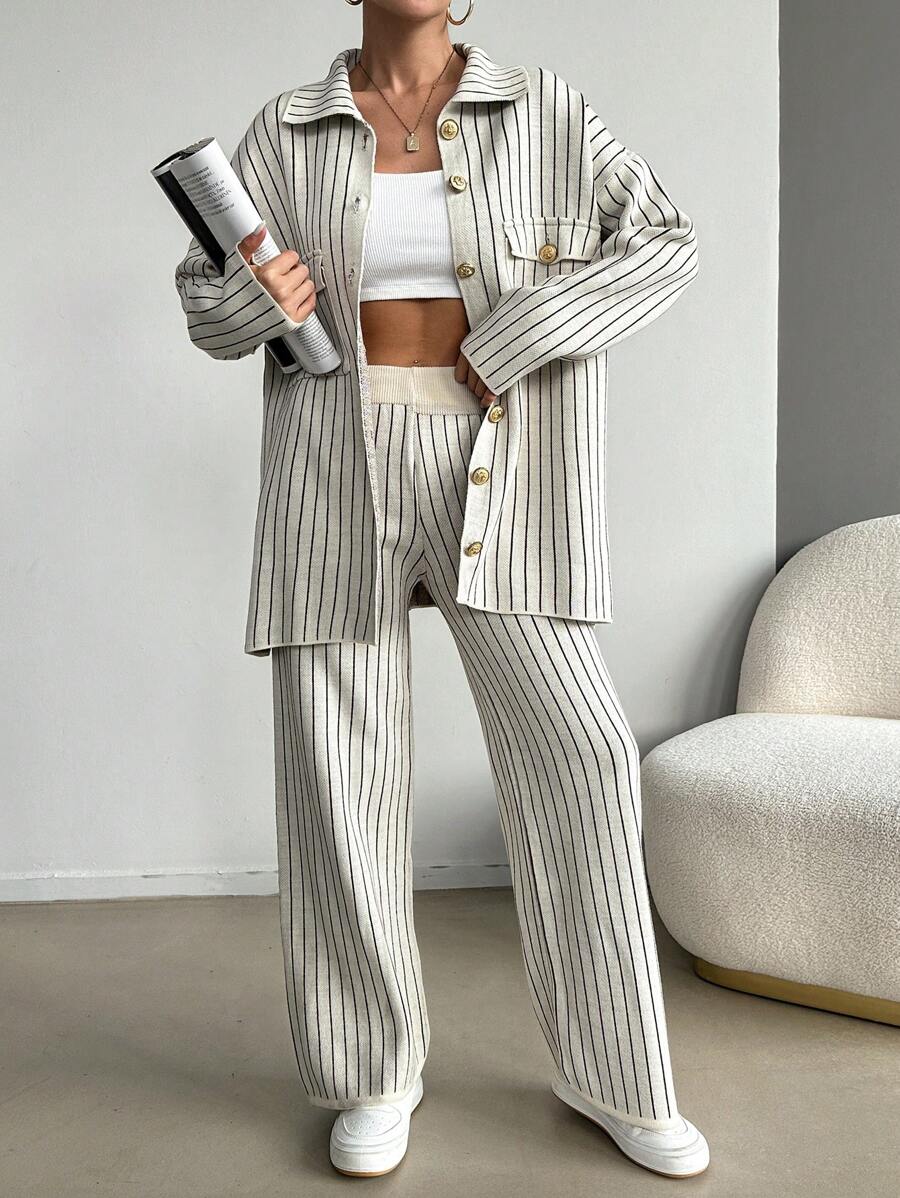 EURMUSE Women's Fashion Casual Striped Sweater & Pants 2 Pieces Set - Apricot - View 1