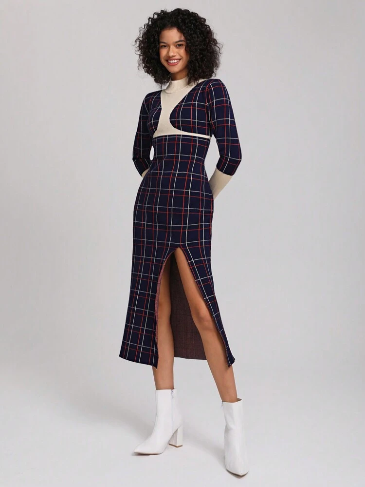 Designer Plaid Pattern Colorblock Split Thigh Elegant Sweater Dress Outfit, For Holiday, Party, Vacation, Birthday Outfits, Festival, Ibiza Fits, Wedding, Prom Dress