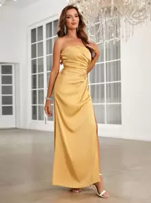SHEIN Belle Twist Detail Split Thigh Satin Tube Bridesmaid Dress - Yellow - View 4