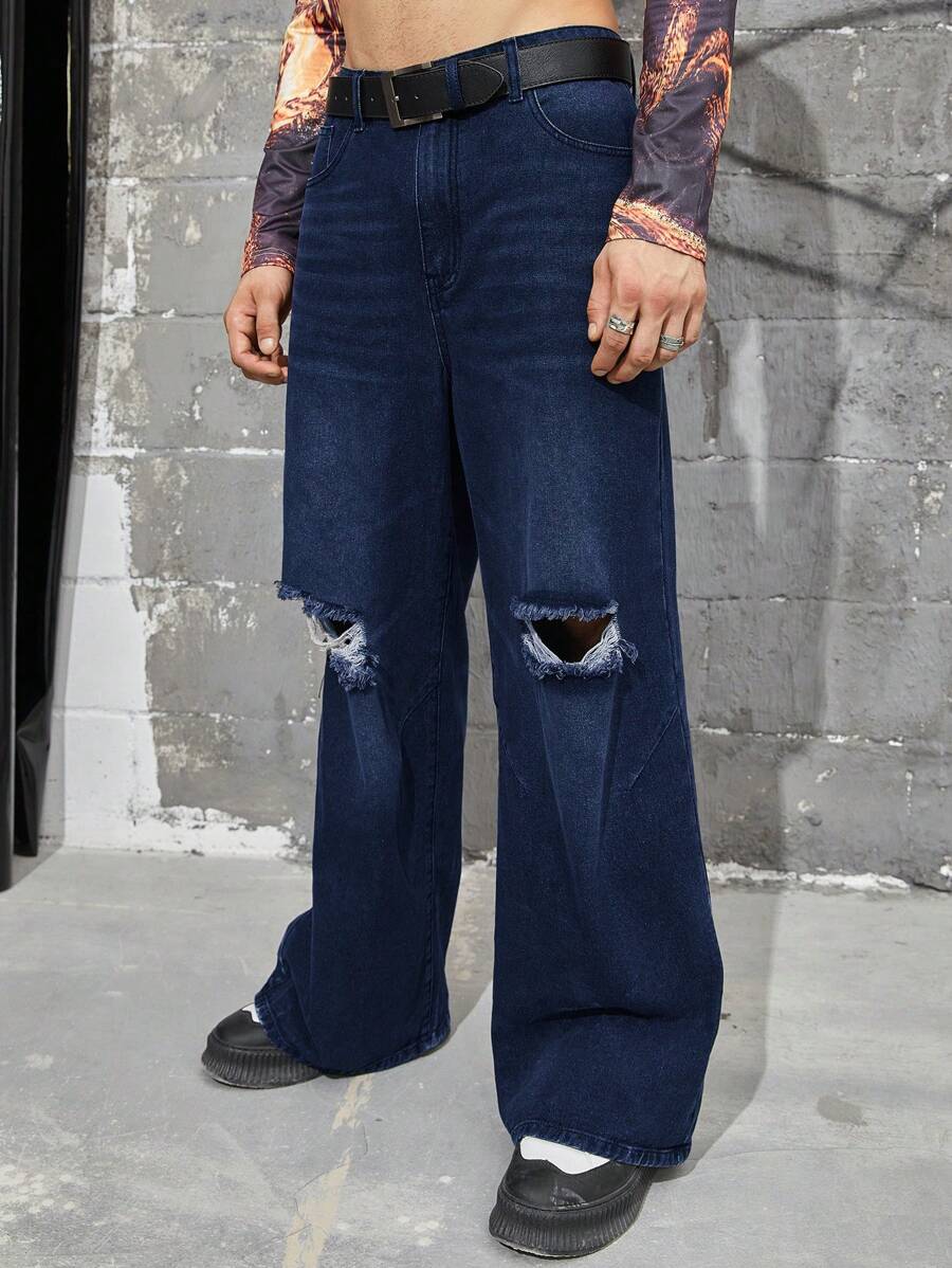 Manfinity Roughcore Loose Fit Men's Distressed Wide Leg Jeans Without Belt - Dark Wash - View 1