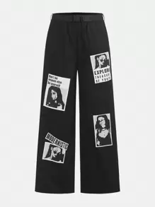 SHEIN Teen Girl Figure & Letter Graphic Wide Leg Pants - Black - View 1