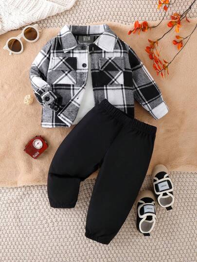 SHEIN Playful Pals Baby Jungen Langarm kariertes Hemd und Hosen lässiger Outfit mit Arbeitstasche, Frühling/Herbst (ohne weißes Unterhemd), für Weihnachten