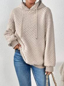 SHEIN Frenchy 女款抽繩連帽毛茸茸運動衫 - 杏色 - 查看 4