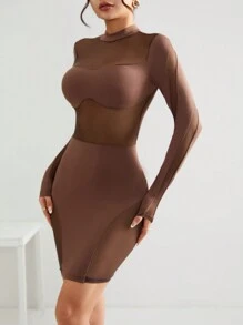 SHEIN PETITE 網紗拼接拼接小高領緊身洋裝 - 棕色 - 查看 3