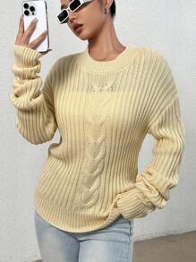 Flirla 麻花针织落肩套头衫秋冬毛衣 - 杏色 - 查看 1