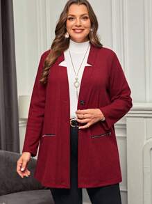 EMERY ROSE 大碼拉鍊口袋前紐扣外套 - 酒紅色 - 查看 5