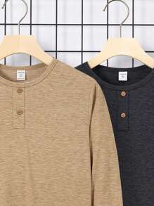 SHEIN 3pcs Loose Fit Casual Knitted Long Sleeve T-Shirt, Round Neck, For Tween Boys, School, Campus, College