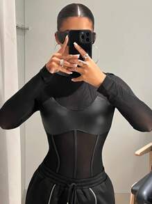 SHEIN ICON Body de malla transparente en contraste - Negro - Ver 4