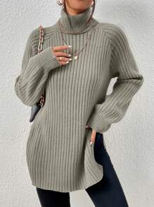 EURMUSE Turtleneck Raglan Sleeve Split Hem Sweater - Green - View 3