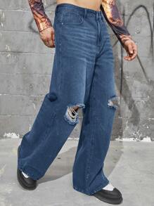 Manfinity Roughcore Loose Men's Ripped Wide Leg Jeans Without Belt - Medium Wash - View 4
