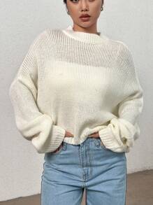 SHEIN Unity Áo len dệt kim gân vai rớt không có áo lót bên trong, áo len chui đầu mùa thu đông. - trắng - Xem 6