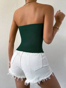 SHEIN Essnce Blusa Sin Tirantes De Color Sólido Para Damas - Verde Oscuro - Ver 2