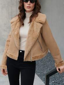 Anewsta Cắt tỉa Xe máy Phong cách Áo khoác - Lạc đà - Xem 6