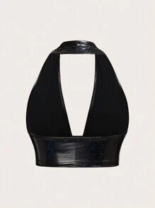 SHEIN ICON Holographic Backless PU Leather Crop Halter Top - Black - View 3